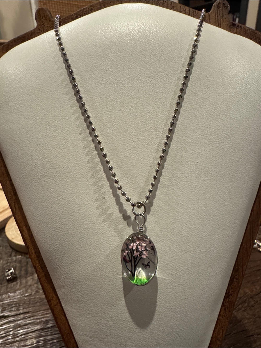 Delicate Pink Blossom Pendant Necklace - Silver Tone